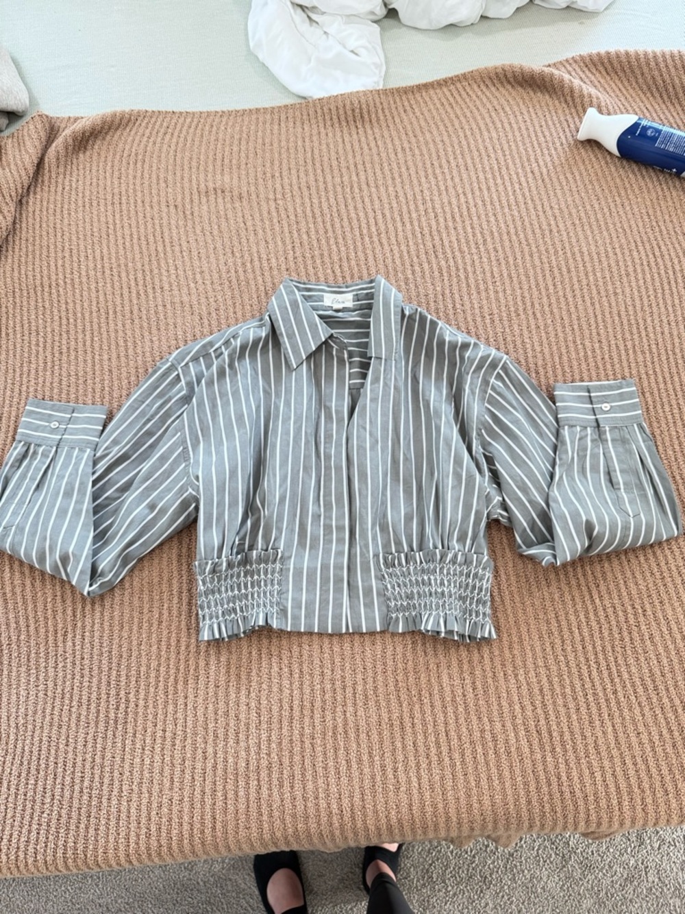 Elan Gray and White Striped Cropped Button-Down Shirt